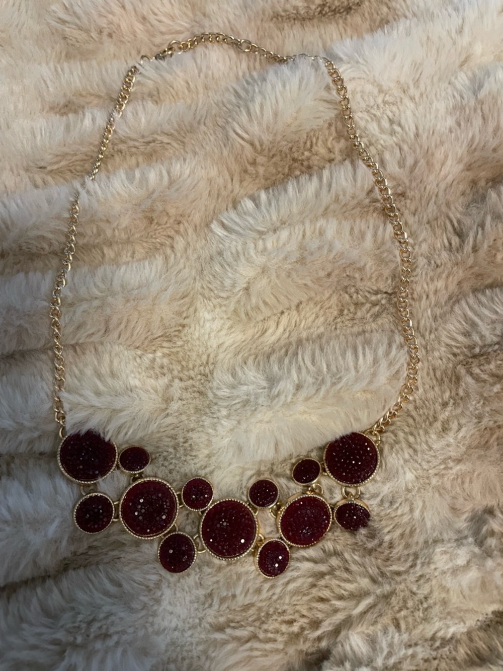 Gold-Tone Necklace with Deep Red Circular Druzy Accents